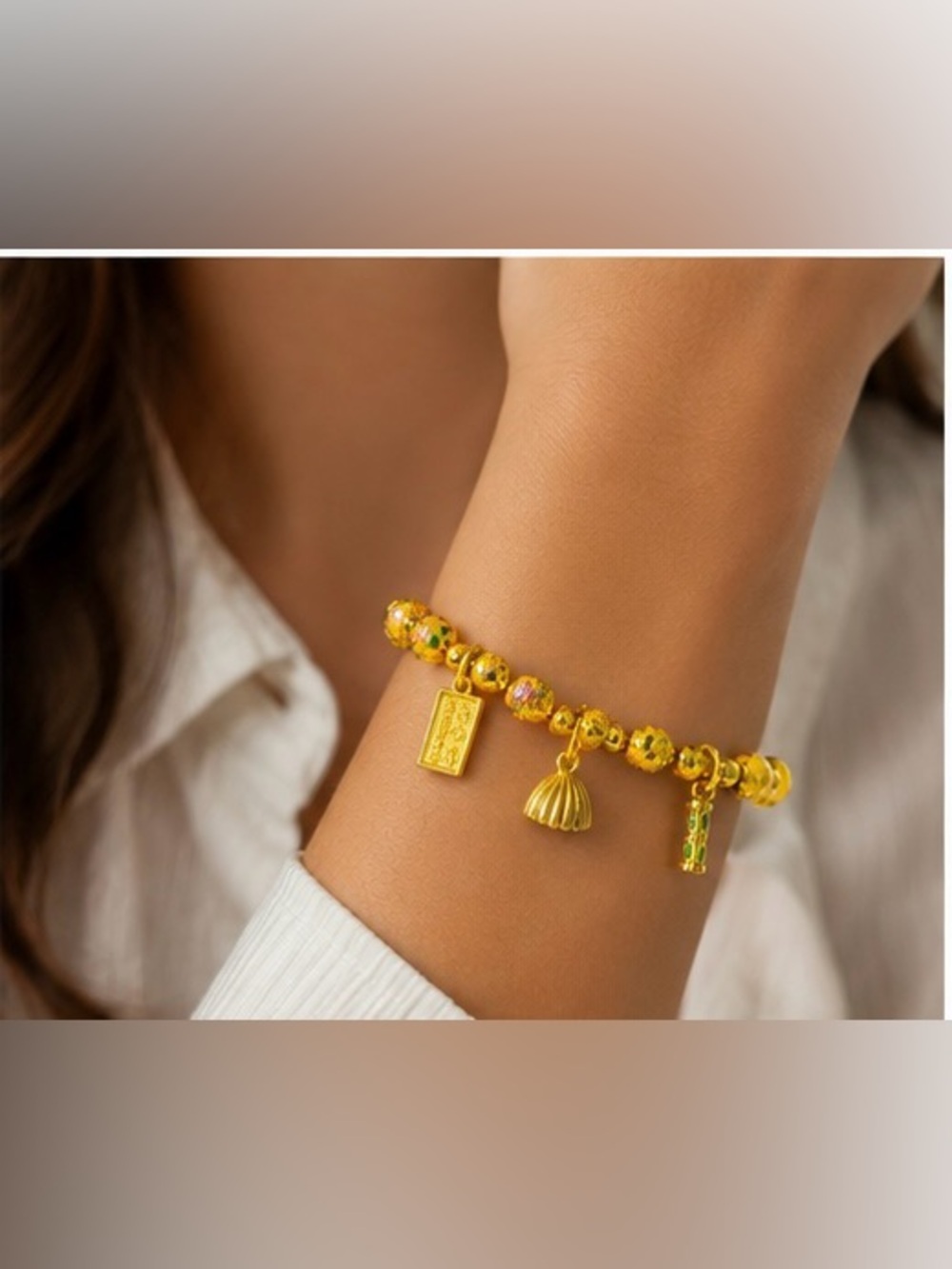 Gold Bead Charm Bracelet with Floral Accents - Women's Jewelry • NEW✨